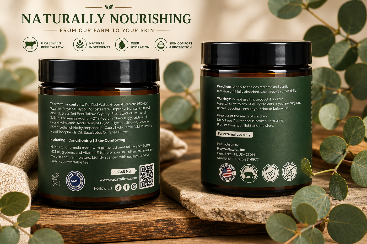 Vaca Tallow Eucalyptus Soufflé – Grass-Fed Wagyu Tallow Moisturizer (4 oz)